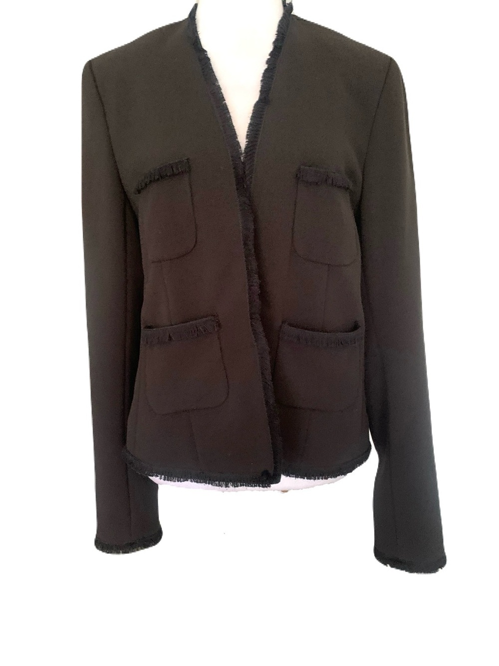 L'AGENCE Womens 10 Black Boxy Open Front Fringe Trim Blazer Career Quiet Luxury